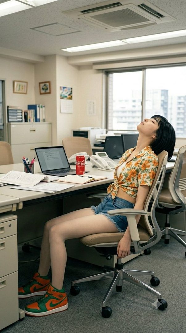 A young woman with short black hair and a floral shirt is slumped in an office chair, appearing tired, with a laptop and a Coca-Cola can on the desk.