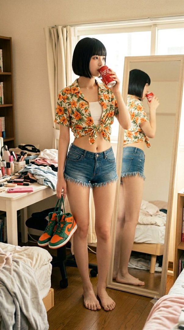 A young woman with short black hair and bangs, wearing a floral crop top and denim shorts, stands barefoot in a room, holding a pair of sneakers and drinking from a Coca-Cola can.