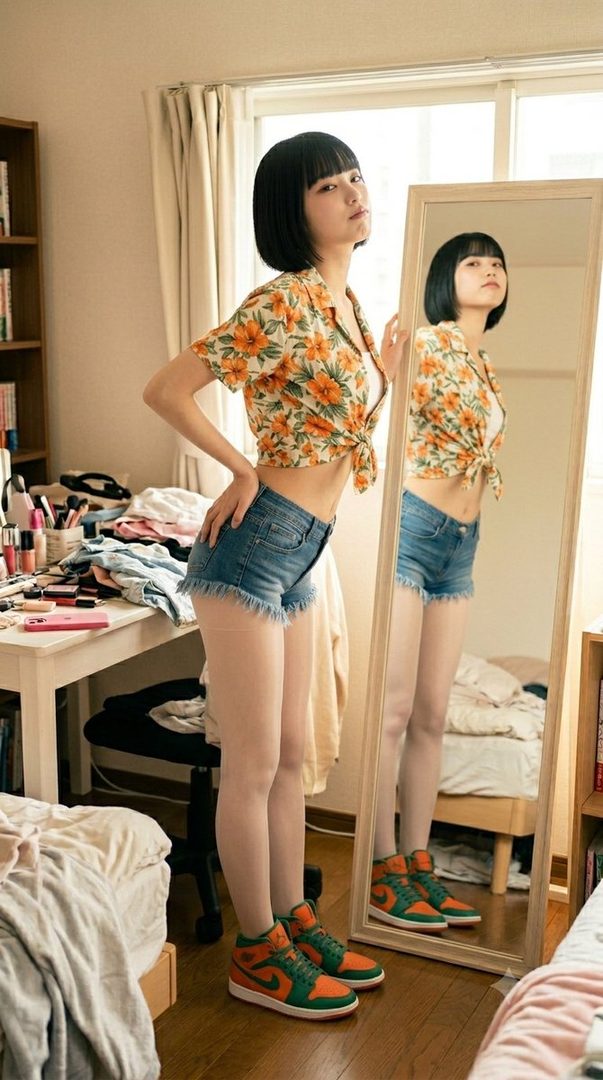 A young woman with short black hair and bangs poses in a bedroom, wearing a floral crop top, denim shorts, and orange and green sneakers, looking at her reflection in a mirror.