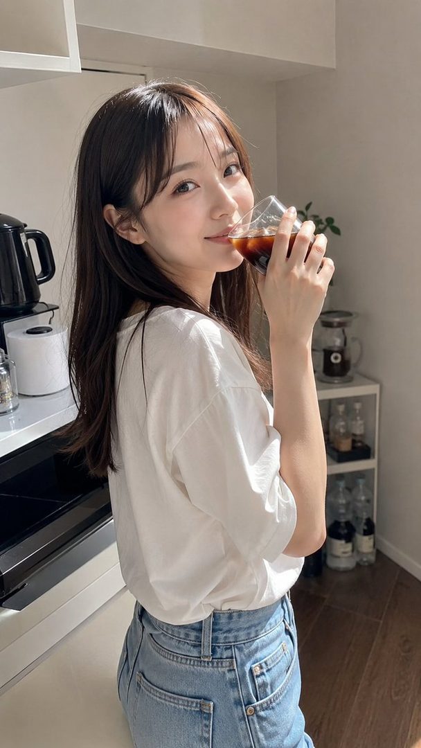 A young woman with long brown hair and bangs, wearing a white t-shirt and jeans, sips iced coffee in a sunlit indoor setting.