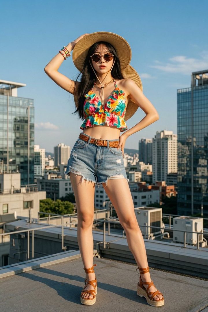 A woman in a floral crop top, denim shorts, and a straw hat poses on a rooftop with a city skyline in the background.