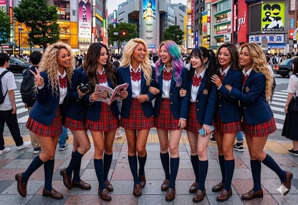 Six young women in Japanese school uniforms are smiling and posing on a busy city street.