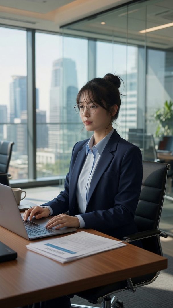 A professional woman in a navy suit and glasses works on a laptop at a desk in a modern office with a city view.