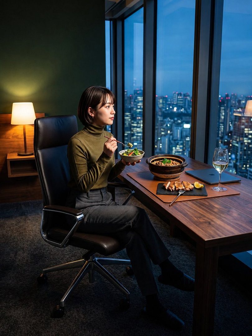 A woman with short brown hair sits at a table by a large window, eating a meal and looking out at a city skyline at night.