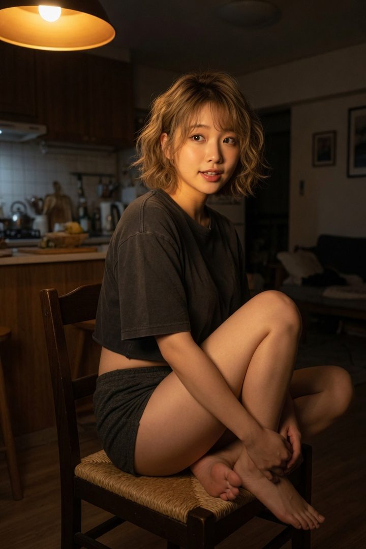 A young woman with short curly blonde hair sits on a chair indoors, wearing a dark crop top and shorts, looking towards the camera.