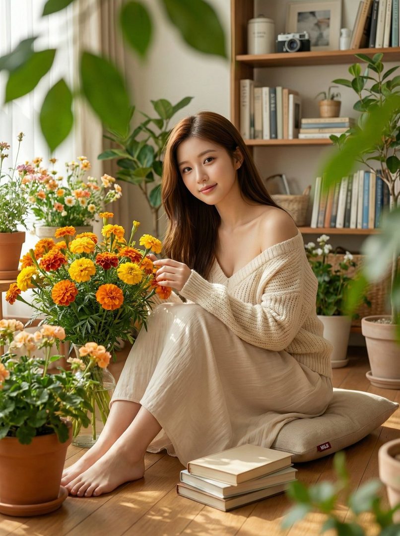 A beautiful woman with long brown hair sits on the floor surrounded by potted plants and orange flowers, wearing a cream off-the-shoulder sweater and a long skirt.