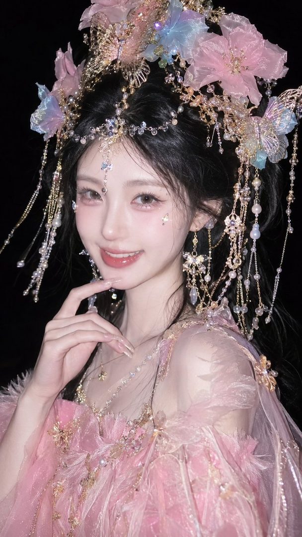 A beautiful woman with long black hair and elaborate pink and gold headwear smiles softly, wearing a pink sheer dress against a dark background.