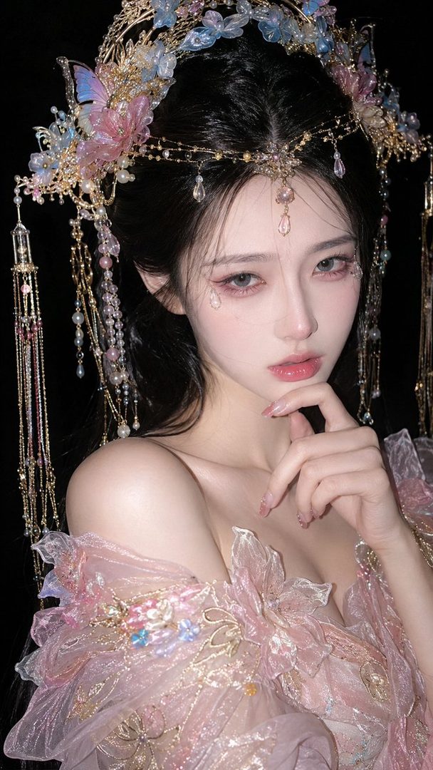A photorealistic portrait of a woman with long black hair, adorned with an elaborate golden and pink floral headpiece, wearing a pink sheer dress.