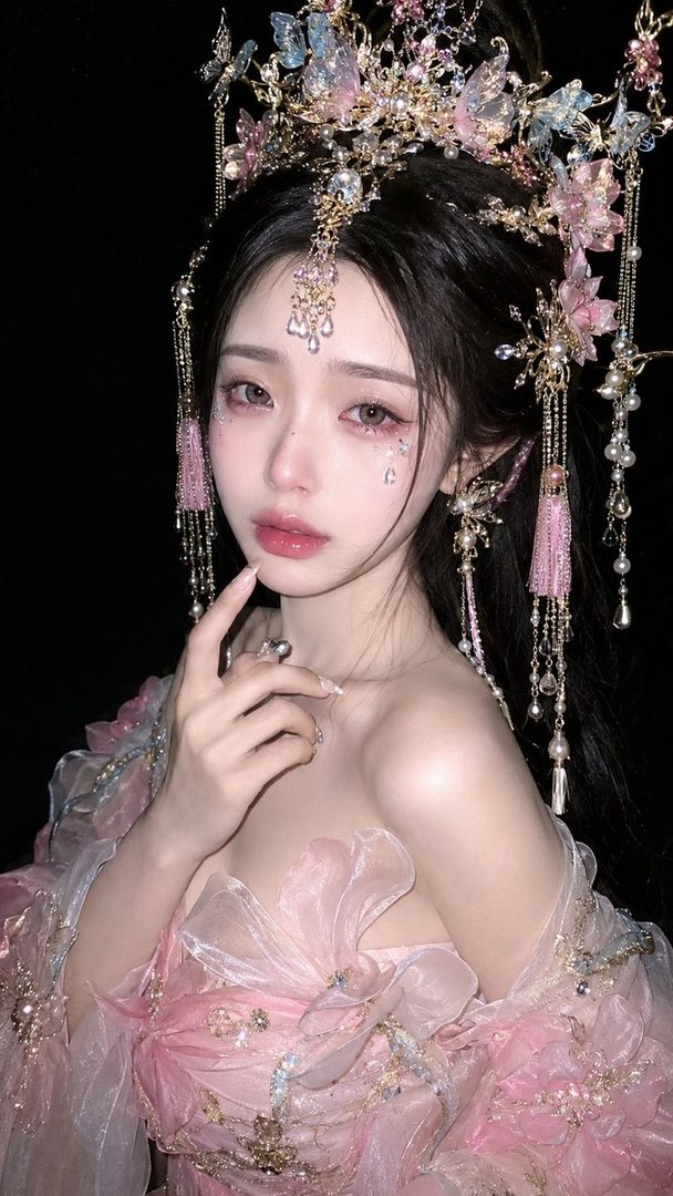 A photorealistic portrait of a young woman with long black hair, adorned with an elaborate golden and pink floral headpiece, wearing a pink sheer dress against a dark background.