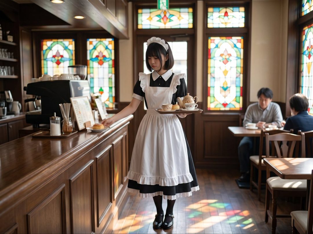 A young woman dressed as a maid stands in a cafe, holding a tray with a teapot and cups, while placing a pastry on the counter.