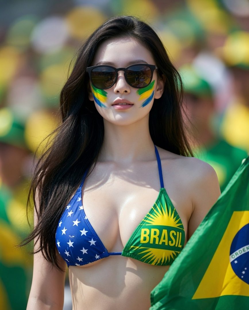 A woman with long black hair, sunglasses, and Brazilian flag face paint wears a blue and green bikini top, holding a Brazilian flag.