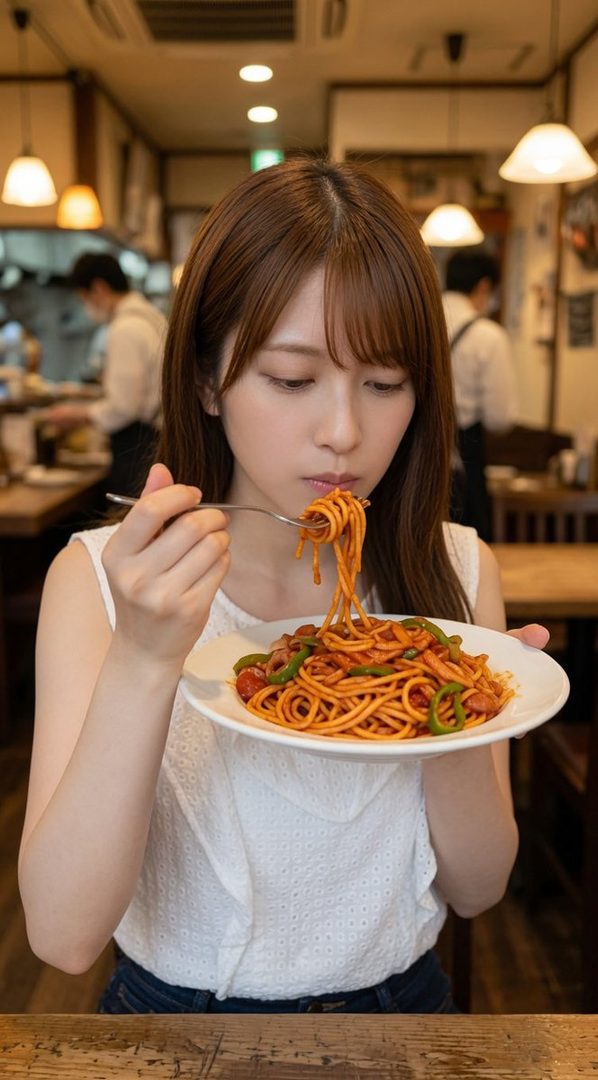 A young woman with brown hair and bangs is eating spaghetti with a fork in a restaurant.