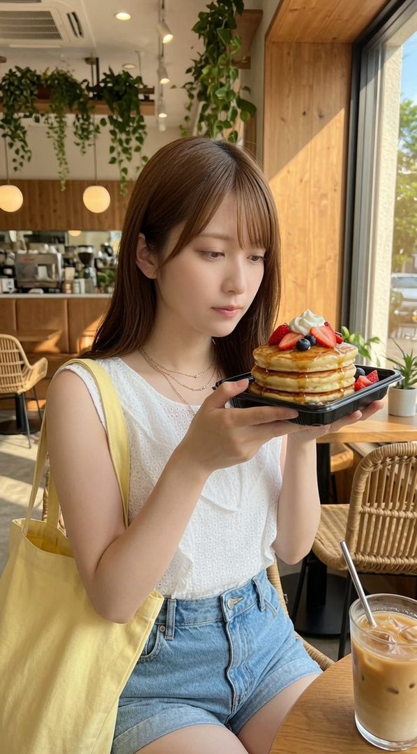 A young woman with brown hair and bangs, wearing a white top and denim shorts, holds a plate of pancakes with berries and whipped cream in a bright cafe.