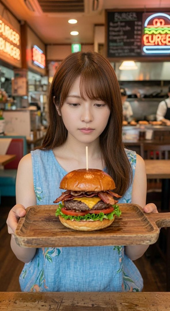 A young woman with long brown hair and bangs holds a large burger on a wooden tray in a restaurant.