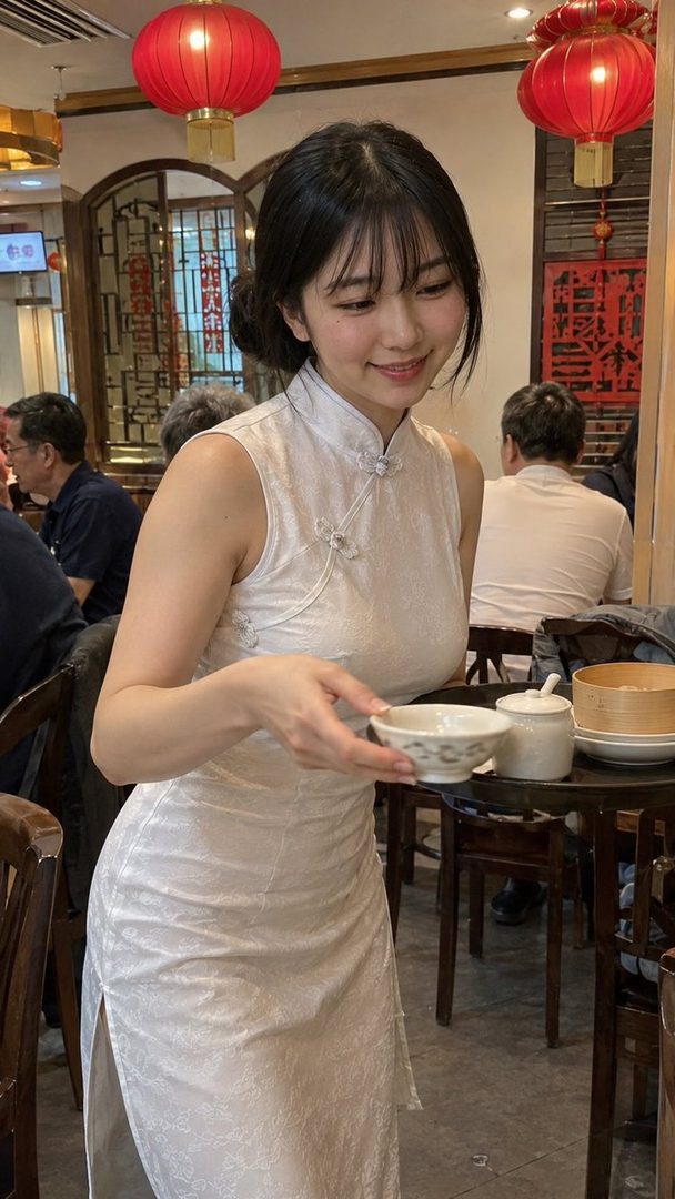 A young woman with black hair and bangs, wearing a white cheongsam dress, smiles while holding a small bowl in a Chinese restaurant with red lanterns.