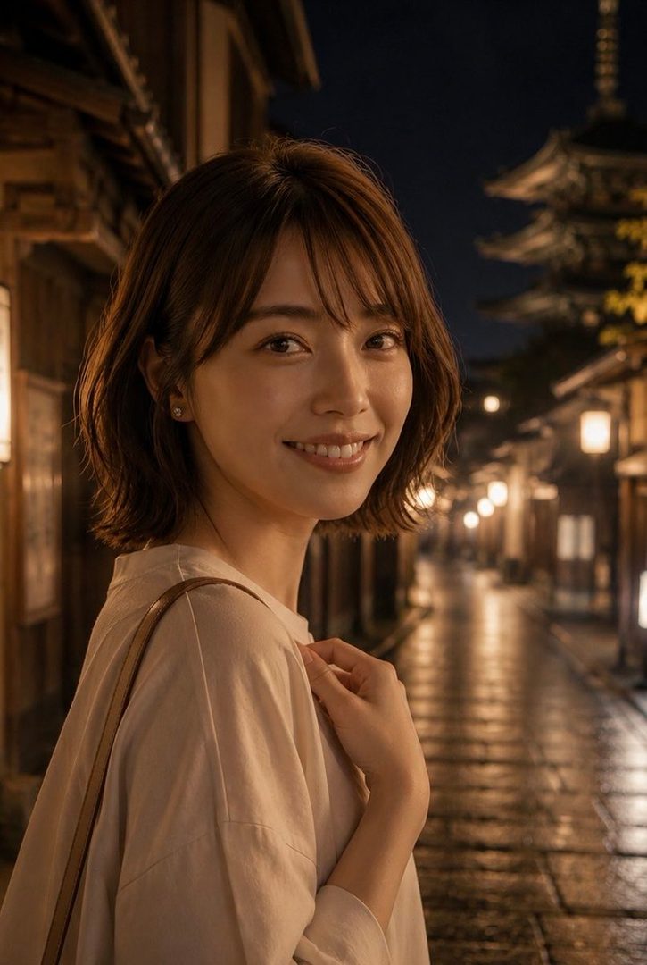 A young woman with short brown hair smiles gently while looking over her shoulder on a dimly lit street at night.
