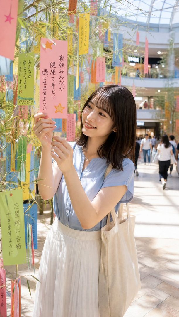 A young woman with short black hair and bangs smiles while holding a pink tanzaku paper with Japanese writing on it, surrounded by many colorful tanzaku hanging from bamboo branches in an indoor setting.