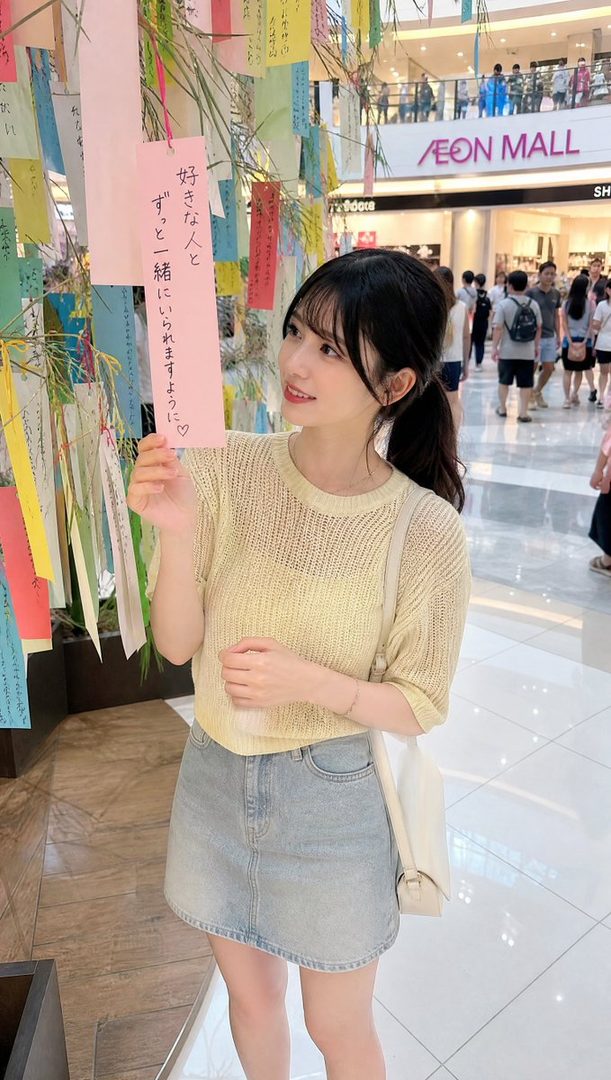A young woman with black hair tied in a ponytail, wearing a light yellow knit top and a denim skirt, holds a pink tanzaku strip in a shopping mall decorated for Tanabata.