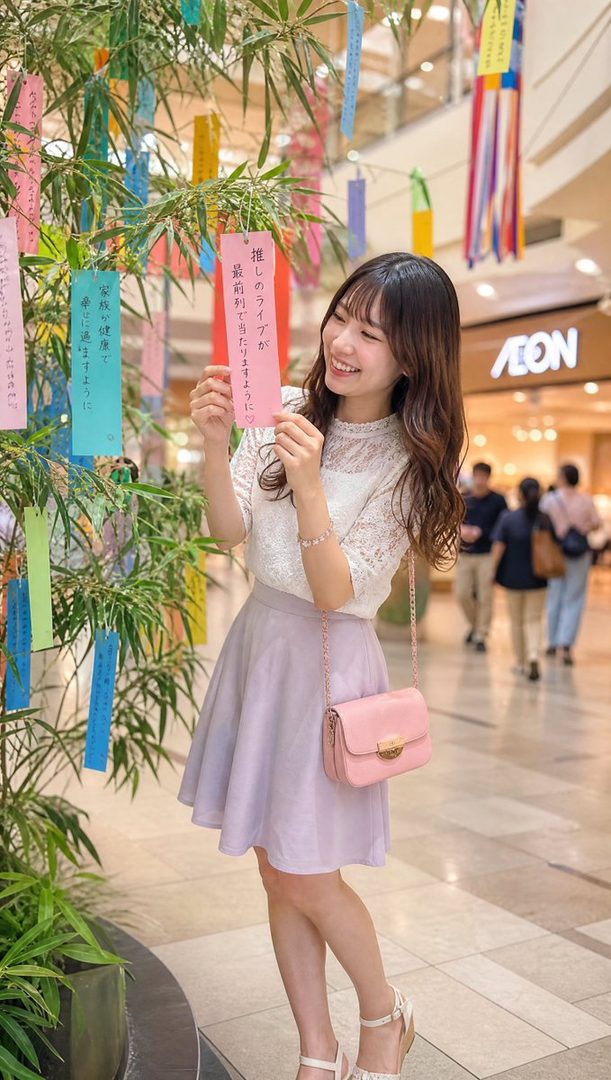 A young woman with long brown hair smiles while holding a pink paper strip with Japanese writing, standing next to a bamboo decoration with colorful strips in an indoor setting.