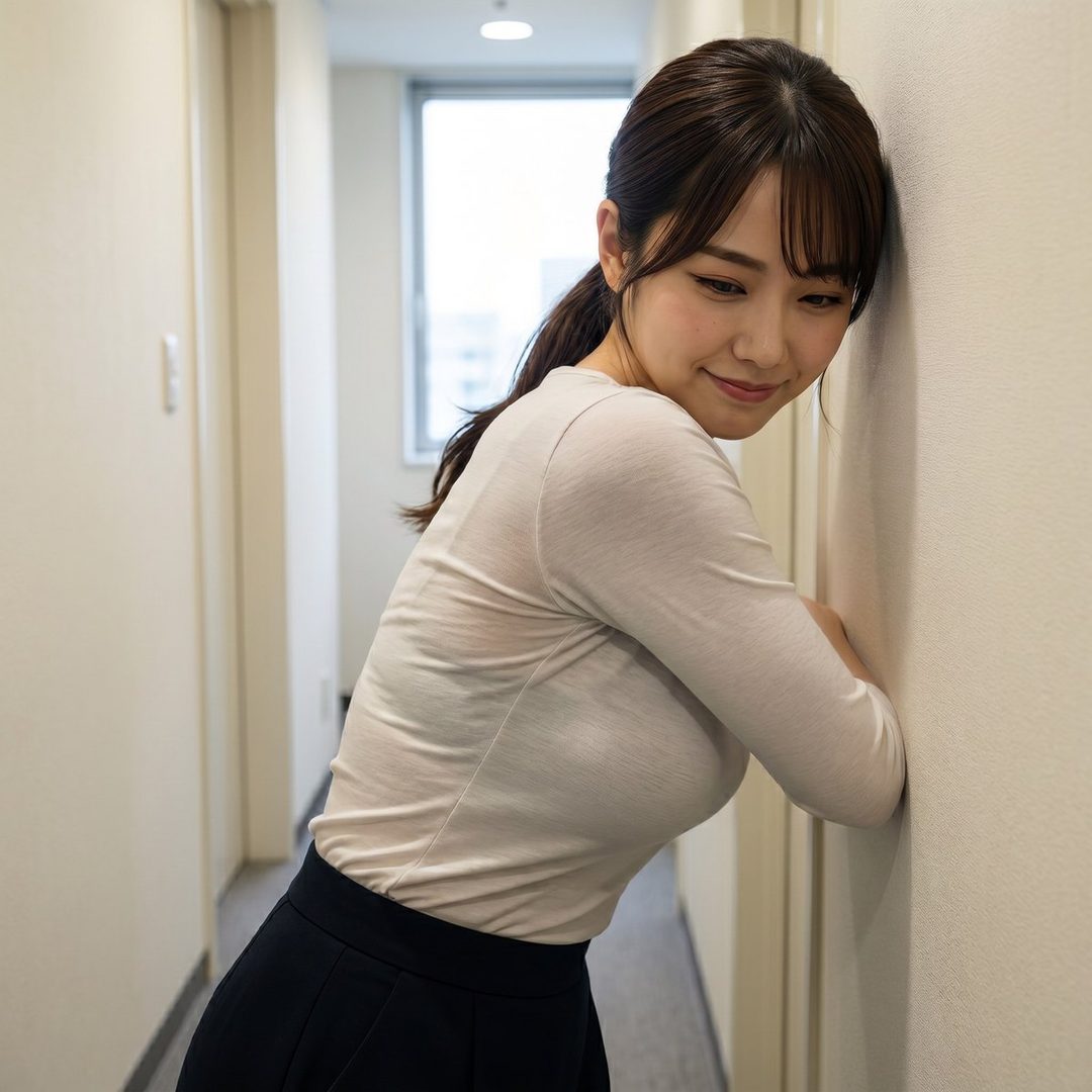 A young Japanese woman with brown hair tied in a ponytail and bangs, wearing a light-colored long-sleeved top and a dark skirt, leans against a wall in an indoor hallway, looking down with a gentle smile.