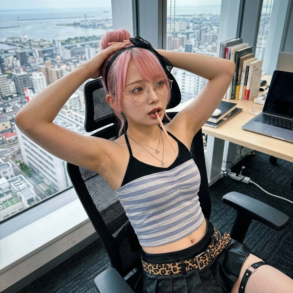 A young woman with pink hair and glasses sits in an office chair, looking out a window at a city skyline.