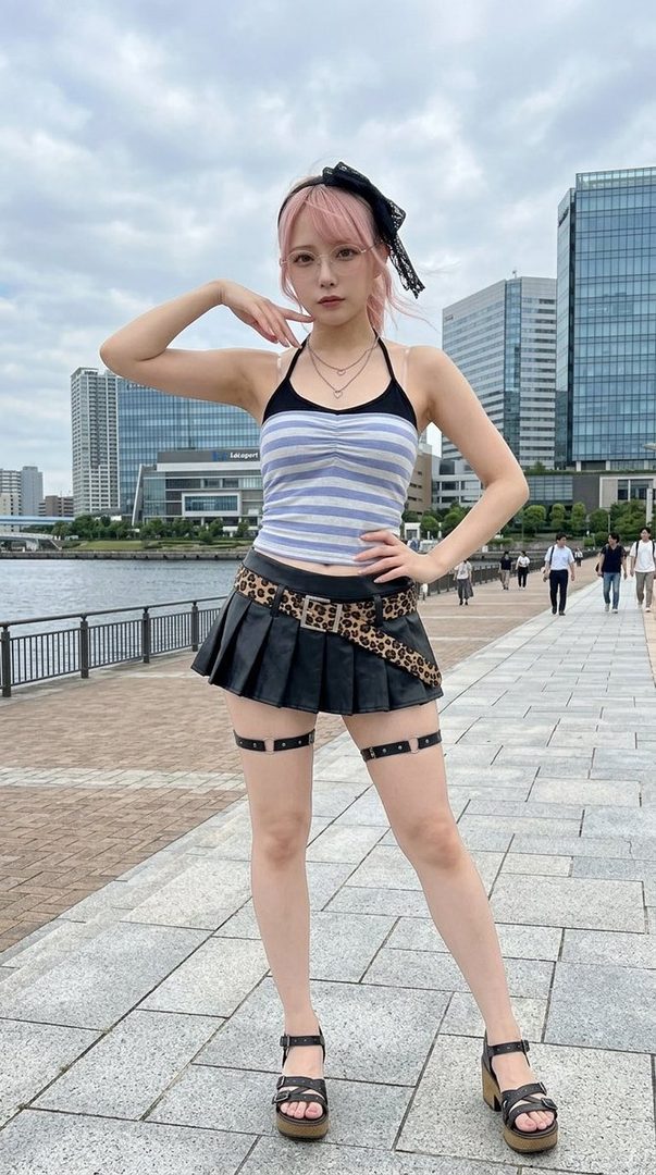 A young woman with pink hair and glasses poses outdoors in a striped top and black pleated skirt with a leopard print belt.