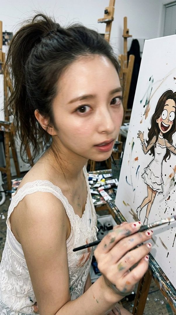 A young woman with a ponytail is painting a cartoon character on a canvas in an art studio.