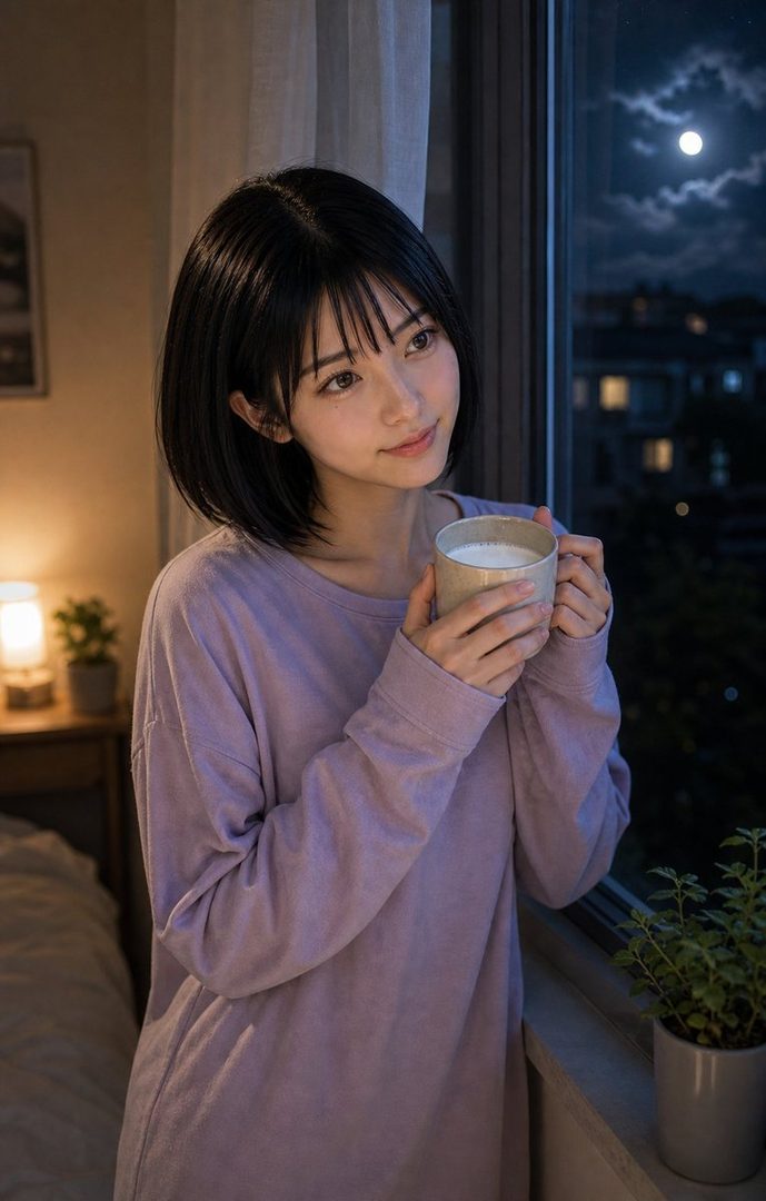 A young woman with short black hair and bangs, wearing a purple long-sleeved top, holds a mug and looks out a window at the moonlit night sky.