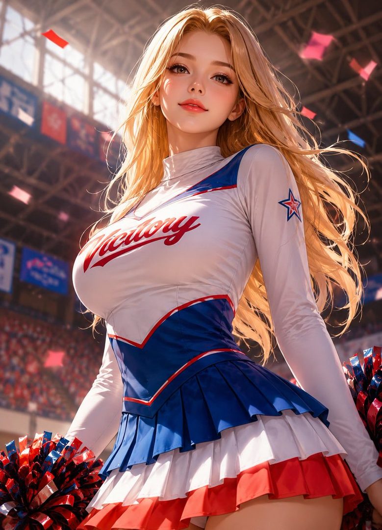 A photorealistic AI-generated image of a blonde cheerleader in a blue, white, and red uniform, holding pom-poms, in a stadium.