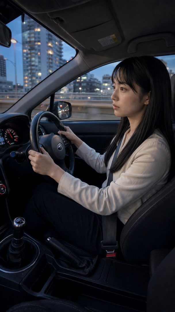 A young woman with long black hair and bangs is driving a car at night, with city lights visible outside the window.