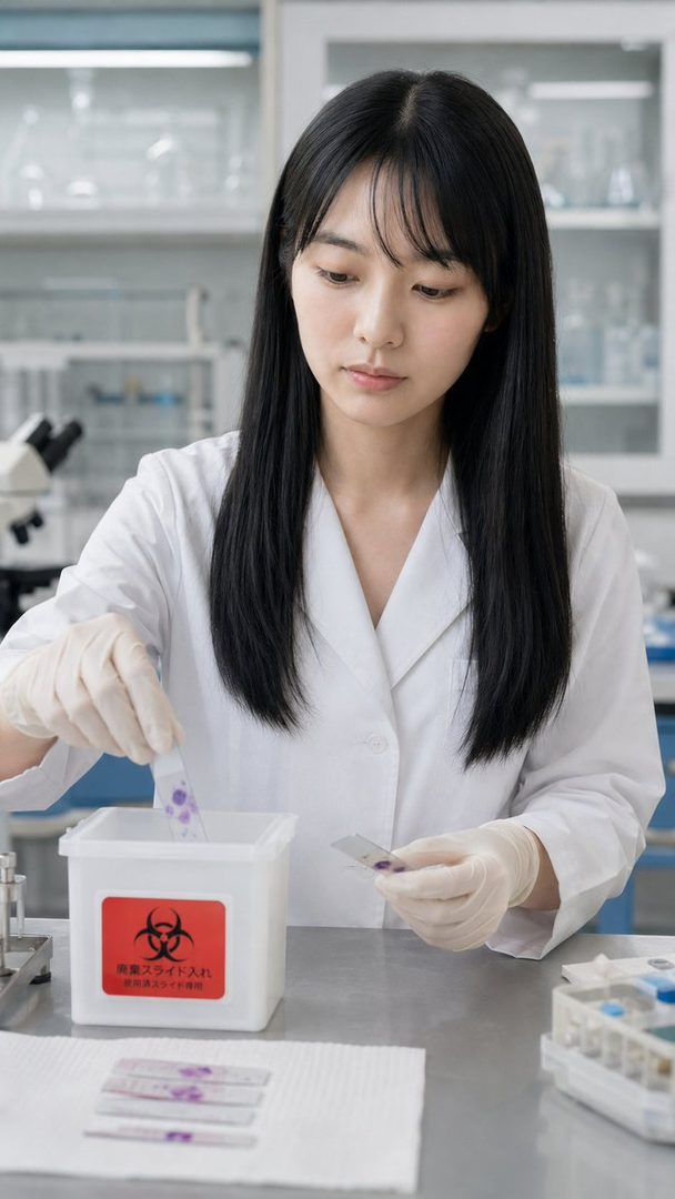 A young woman with long black hair and bangs, wearing a white lab coat and gloves, is carefully handling microscope slides in a laboratory setting.