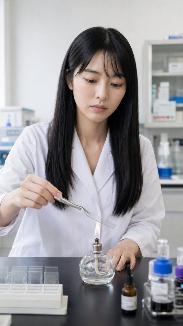A young woman with long black hair and bangs, wearing a white lab coat, carefully heats a glass slide over an alcohol lamp in a laboratory setting.