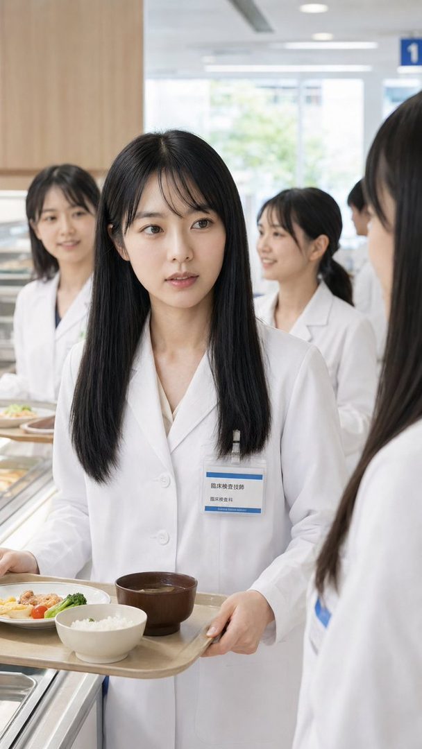 A young woman with long black hair, wearing a white lab coat, holds a tray of food in a hospital cafeteria, with other women in lab coats in the background.