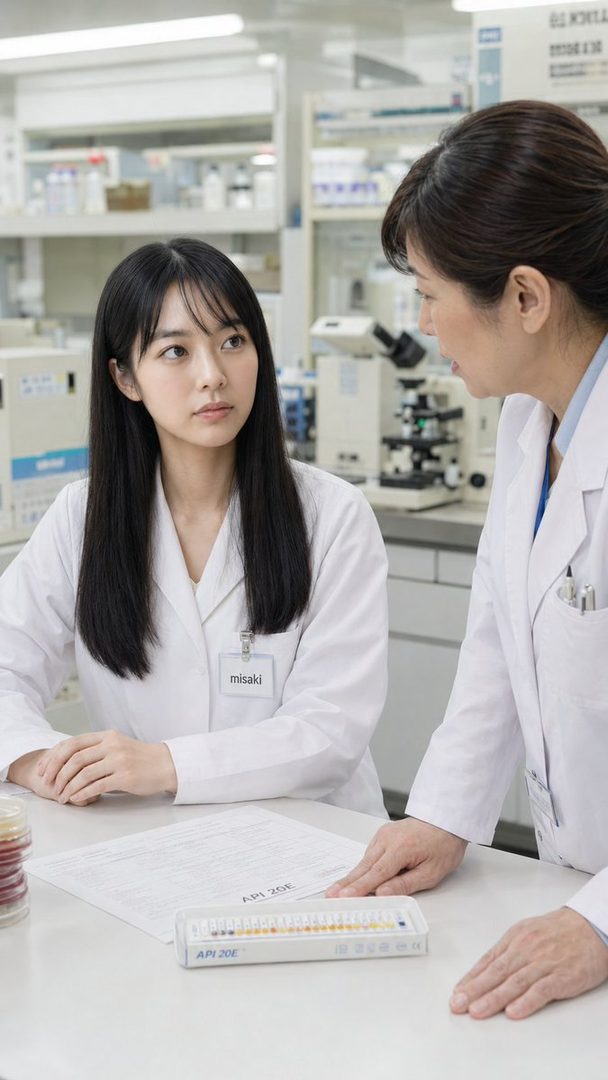 Two women in lab coats are discussing results in a laboratory setting, with one woman pointing at a document.