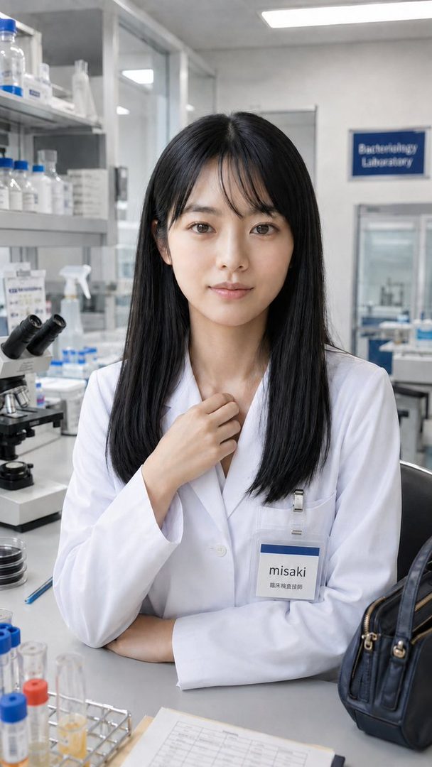 A young woman with long black hair, wearing a white lab coat and an ID badge, sits in a laboratory with scientific equipment in the background.
