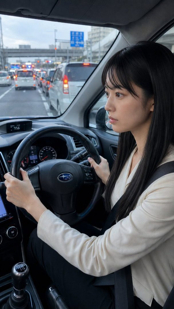 A young woman with long black hair and bangs is driving a car in traffic, looking focused.