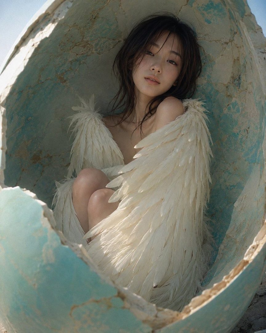 A young woman with long brown hair and white feathered wings sits inside a broken eggshell, looking dreamily at the camera.