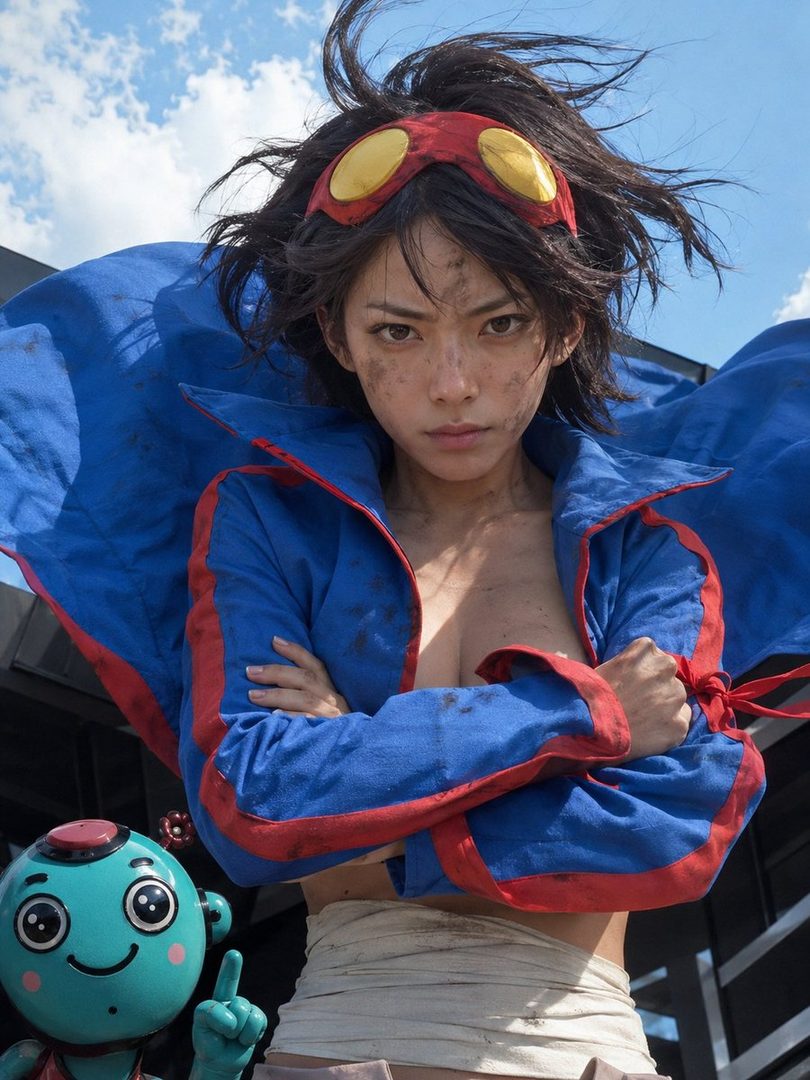 A photorealistic image of a woman cosplaying as Yoko Littner from Gurren Lagann, wearing a blue jacket and red goggles, with a determined expression.