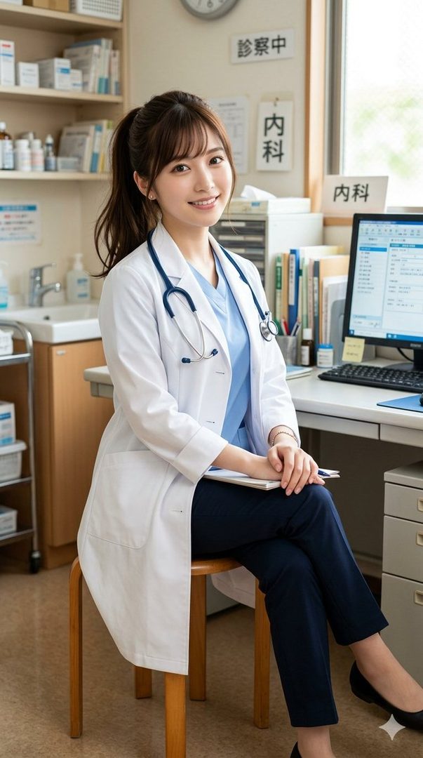 A smiling female doctor with brown hair tied in a ponytail, wearing a white lab coat and blue scrubs, sits in a medical office.