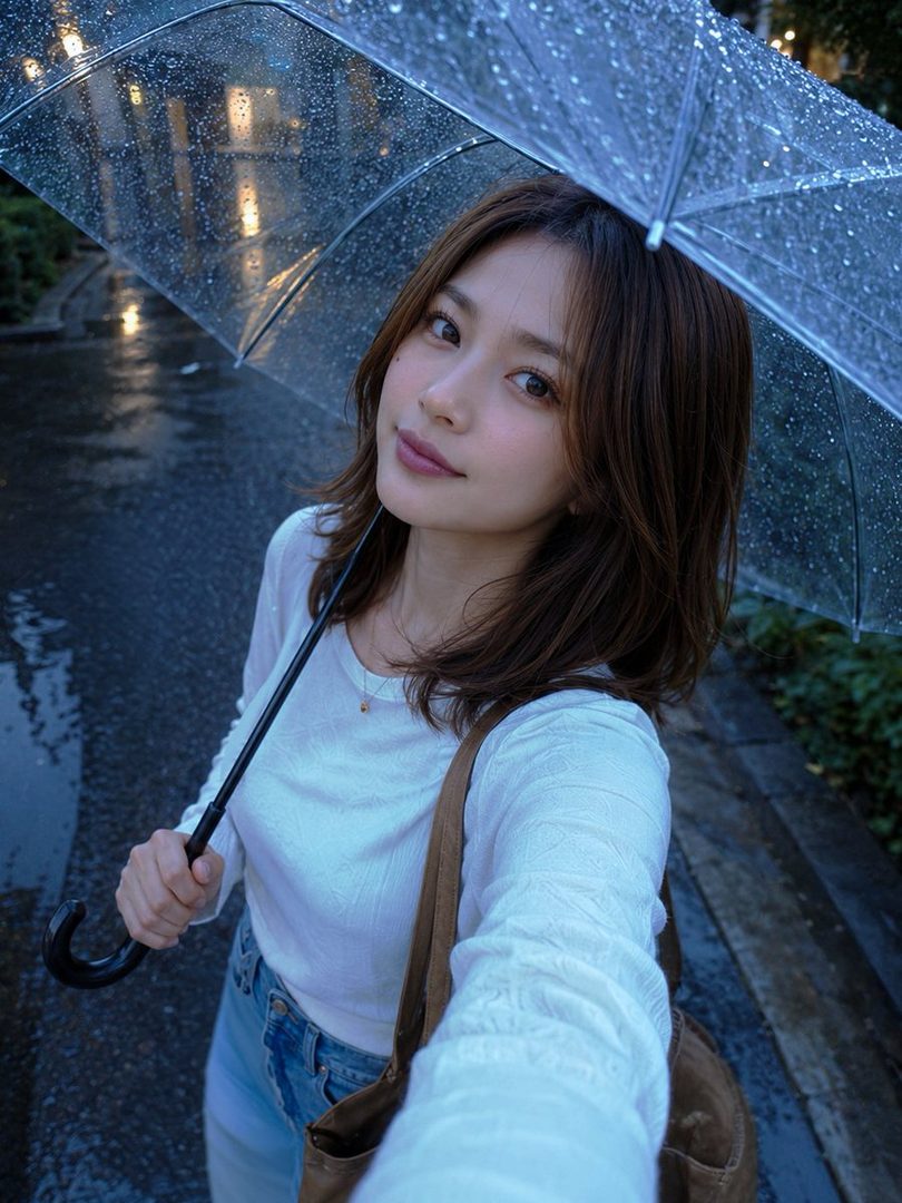 A young woman takes a selfie while holding a clear umbrella on a rainy street.