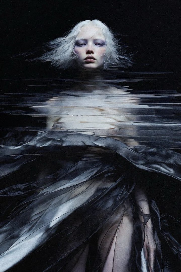 A photorealistic portrait of a woman with white hair and dark eye makeup, with a glitch effect on her body and a flowing black and white dress.