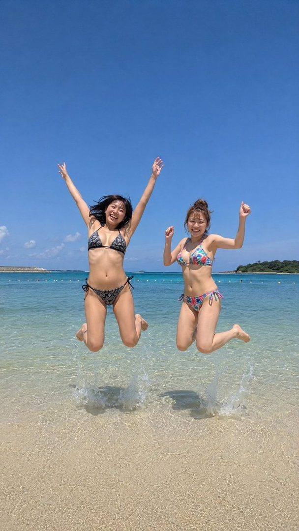Two young women in bikinis jump in the air on a sunny beach, splashing water as they land.