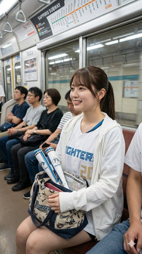 A young woman with a ponytail, wearing a white baseball jersey and hoodie, smiles while sitting on a Sapporo subway train with a tote bag containing mini baseball bats.