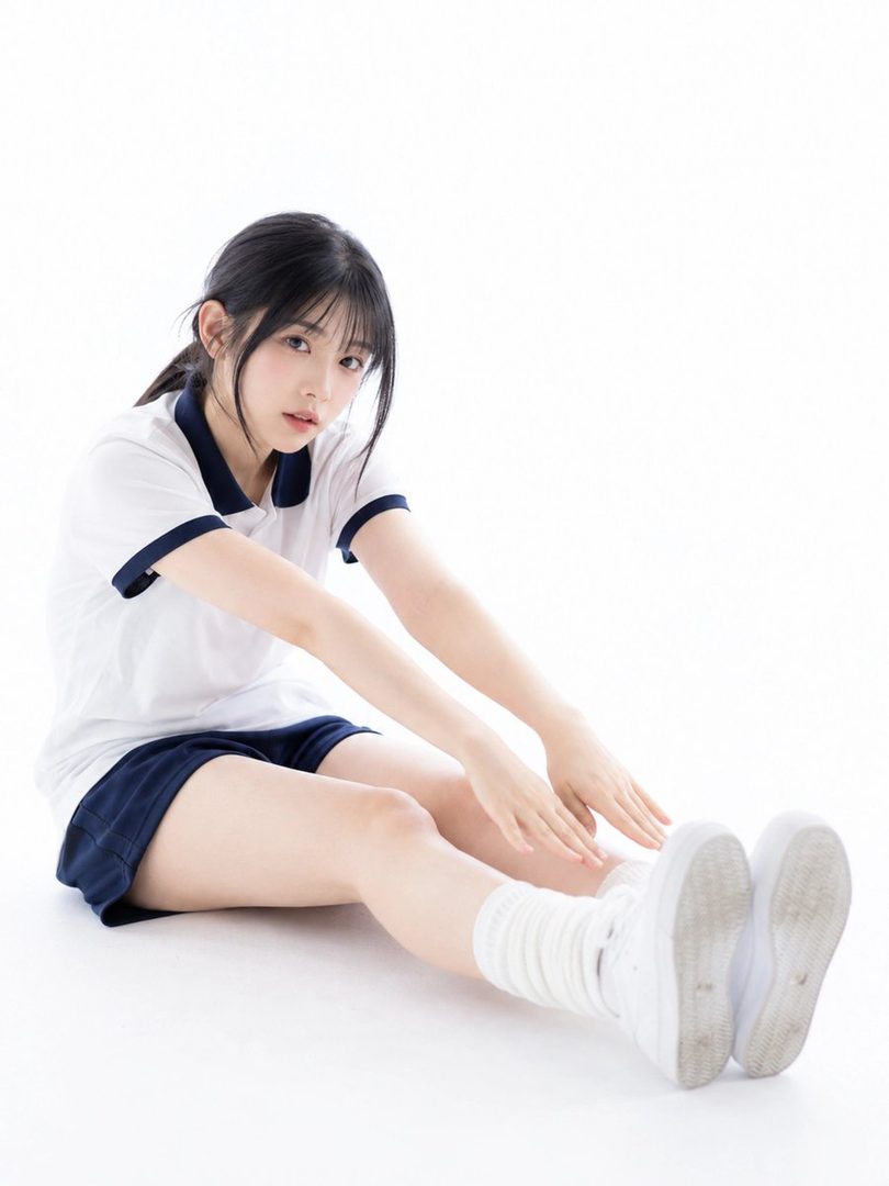 A young woman in a school sports uniform sits on a white floor, stretching with her arms extended forward.
