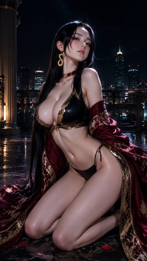 A photorealistic image of a woman with long black hair, wearing a black and gold bikini with a red and gold robe, kneeling on a wet rooftop at night with a city skyline in the background.