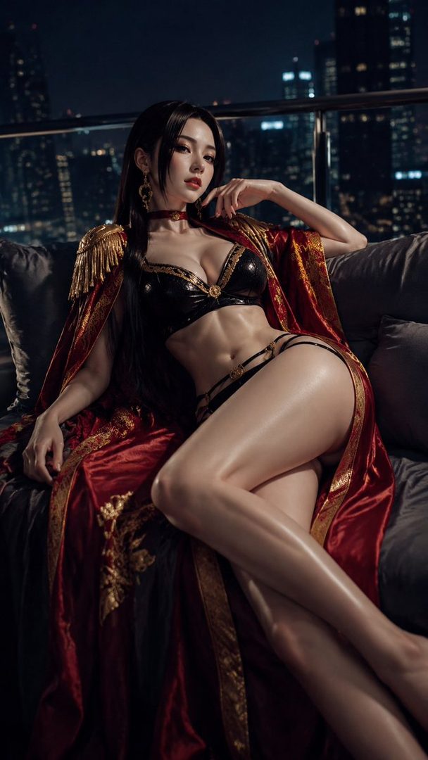A photorealistic image of a woman in a revealing black and gold outfit with a red cape, posing indoors at night with a city skyline in the background.