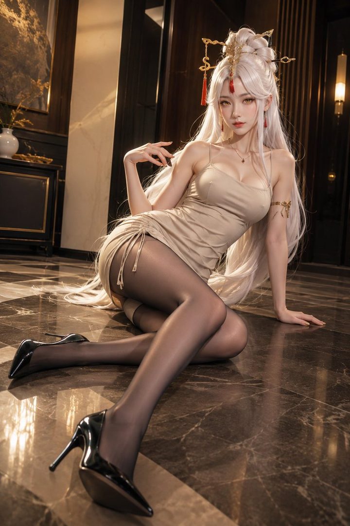 A woman with long white hair and an elaborate golden headpiece poses elegantly on a marble floor, wearing a beige mini dress and black stockings.