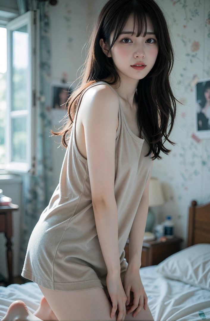 A young woman with long brown hair and bangs, wearing a beige tank top, kneels on a bed in a softly lit room.