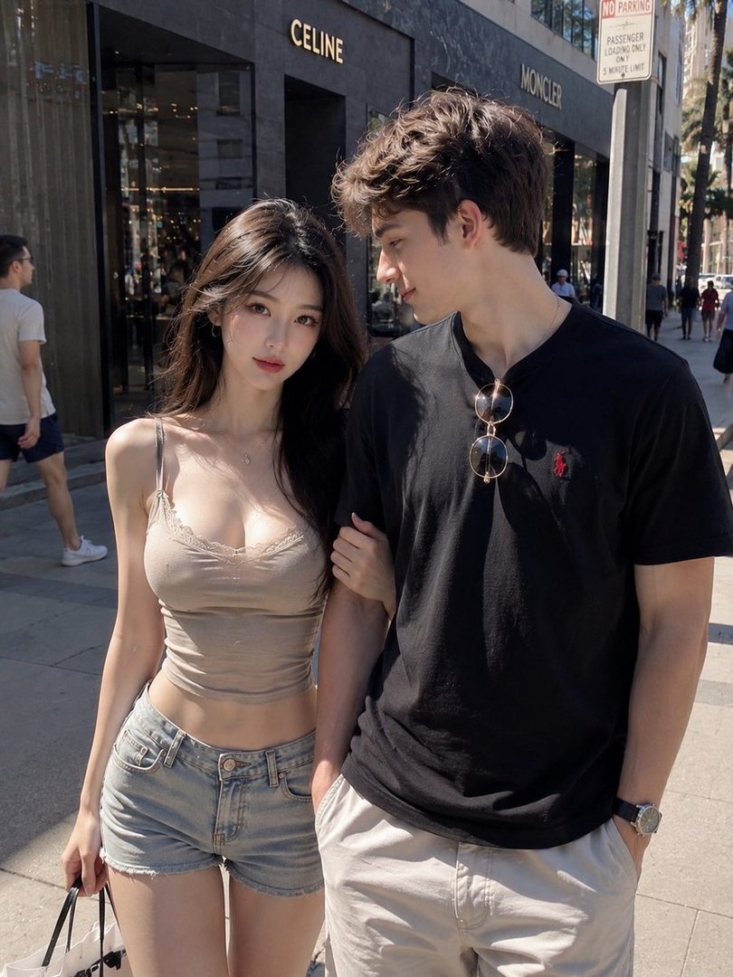 A young couple walks arm-in-arm down a sunny city street, with the woman looking towards the camera and the man looking at her.