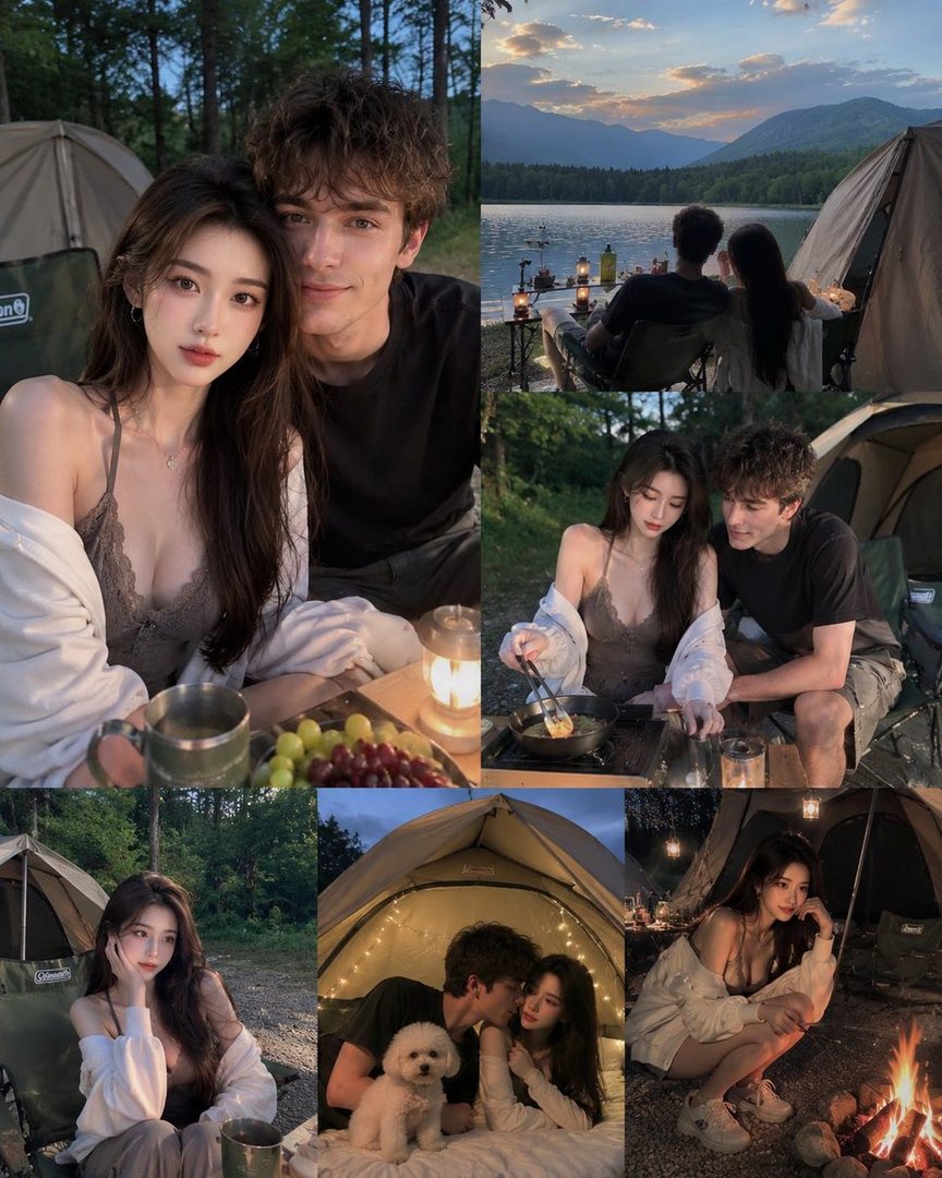 A couple camping in a forest, with various scenes including cooking, sitting by a lake, and cuddling in a tent.